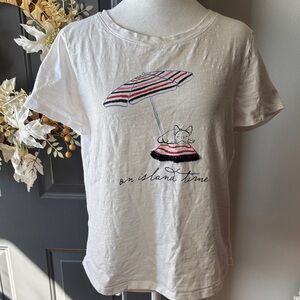 White Graphic Tee with Dog and Umbrella Design